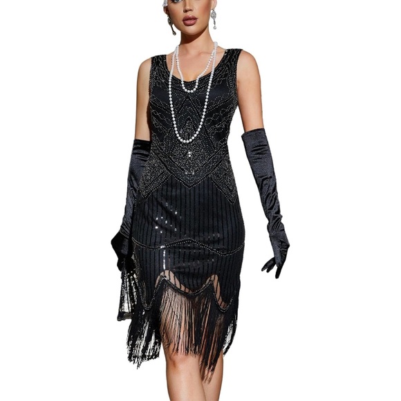 🆕 Flapper 1920’s Sequins Beaded Fringe Hem Dress - Picture 7 of 14